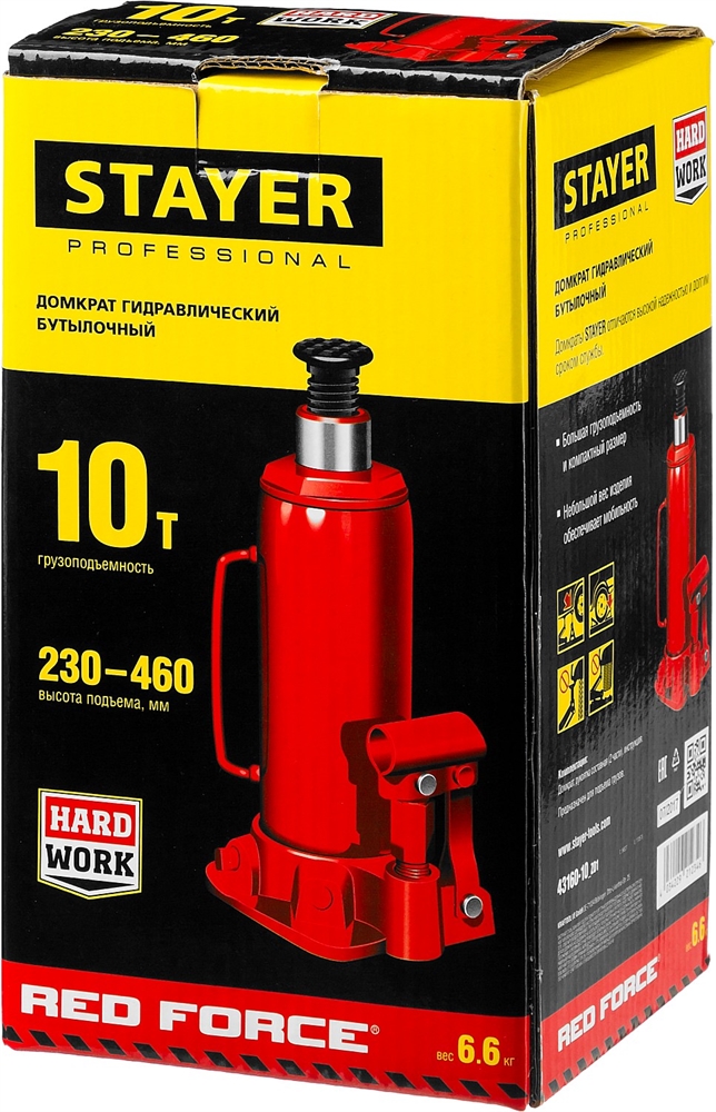 STAYER  RED FORCE, 10 т, 230 - 460 мм, бутылочный гидравлический домкрат, Professional (43160-10) 43160-10_z01