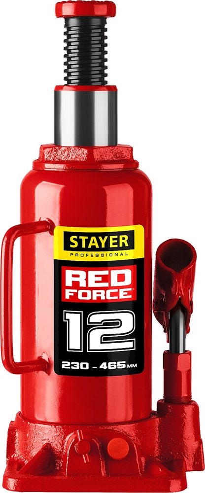 STAYER  RED FORCE, 12 т, 230 - 465 мм, бутылочный гидравлический домкрат, Professional (43160-12) 43160-12_z01