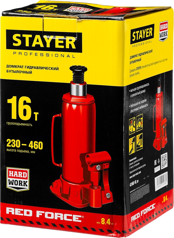 STAYER  RED FORCE, 16 т, 230 - 460 мм, бутылочный гидравлический домкрат, Professional (43160-16) 43160-16_z01
