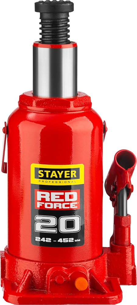 STAYER  RED FORCE, 20 т, 242 - 452 мм, бутылочный гидравлический домкрат, Professional (43160-20) 43160-20_z01