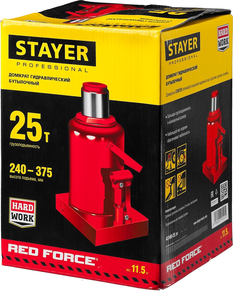 STAYER  RED FORCE, 25 т, 240 - 375 мм, бутылочный гидравлический домкрат, Professional (43160-25) 43160-25_z01