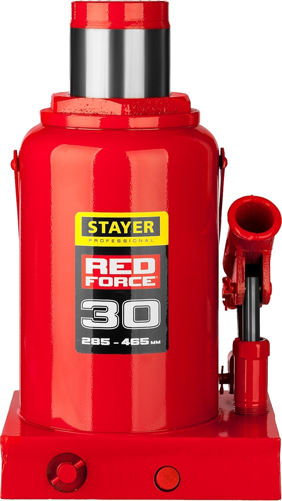 STAYER  RED FORCE, 30 т, 285 - 465 мм, бутылочный гидравлический домкрат, Professional (43160-30) 43160-30_z01