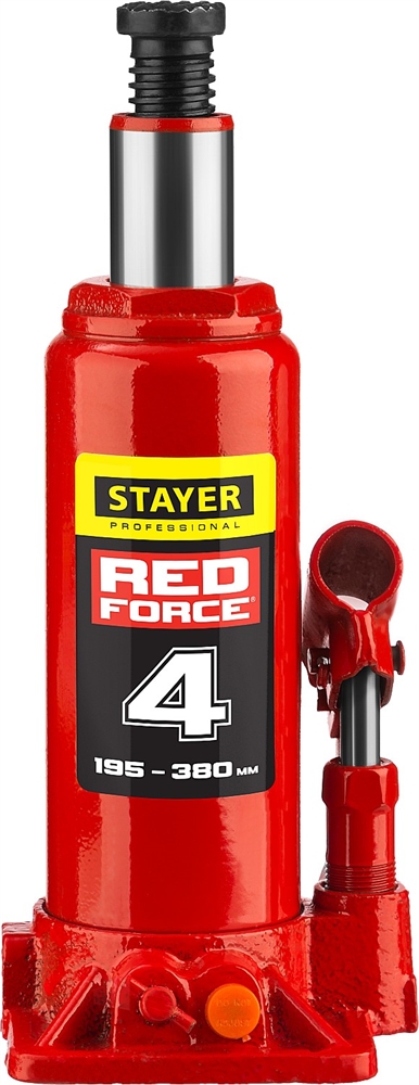 STAYER  RED FORCE, 4 т, 195 - 380 мм, бутылочный гидравлический домкрат, Professional (43160-4) 43160-4_z01