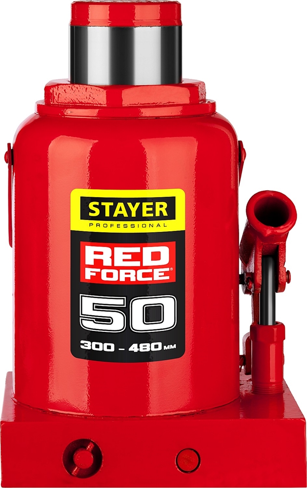 STAYER  RED FORCE, 50 т, 300 - 480 мм, бутылочный гидравлический домкрат, Professional (43160-50) 43160-50_z01