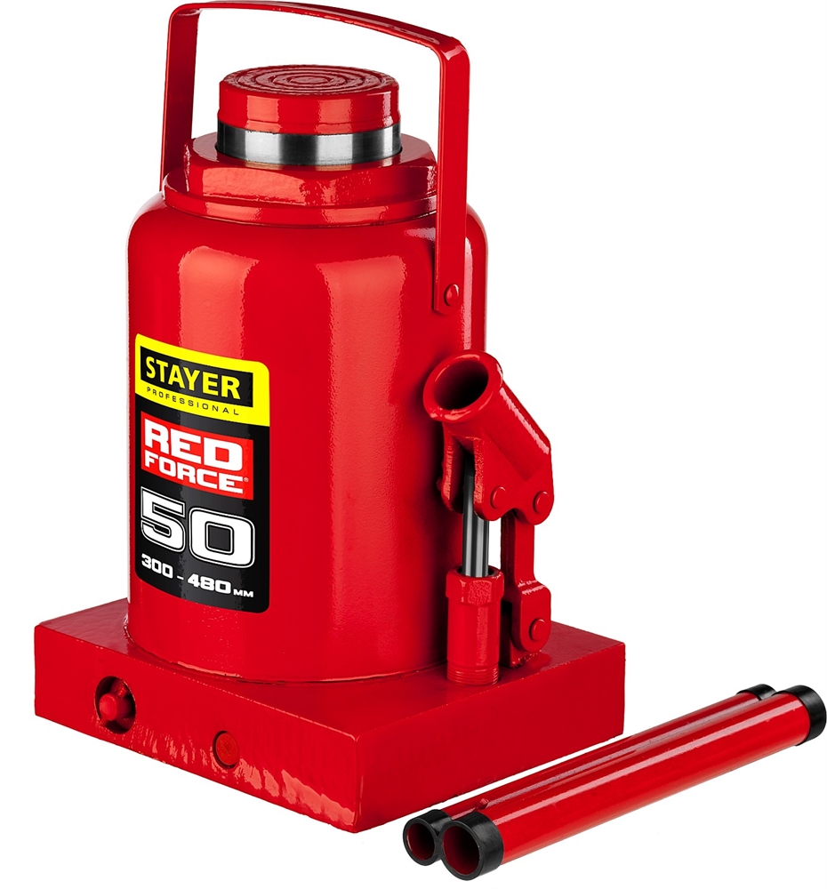 STAYER  RED FORCE, 50 т, 300 - 480 мм, бутылочный гидравлический домкрат, Professional (43160-50) 43160-50_z01