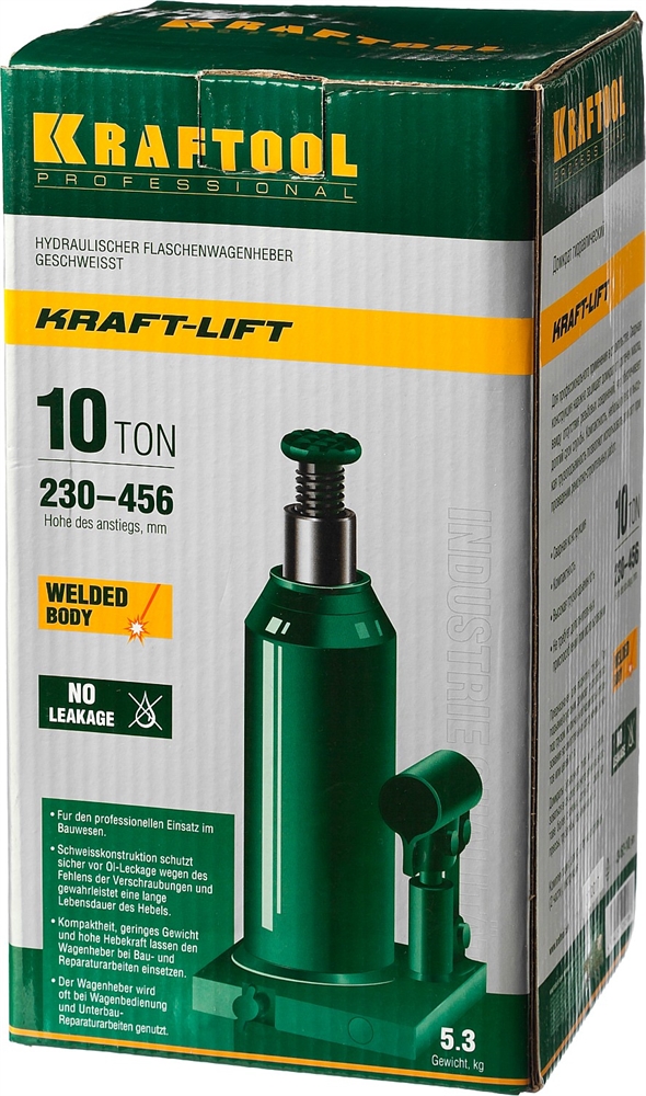 KRAFTOOL  KRAFT-LIFT, 10 т, 230 - 460 мм, бутылочный гидравлический домкрат (43462-10) 43462-10_z01