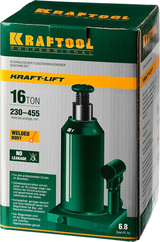 KRAFTOOL  KRAFT-LIFT, 16 т, 230 - 460 мм, бутылочный гидравлический домкрат (43462-16) 43462-16_z01