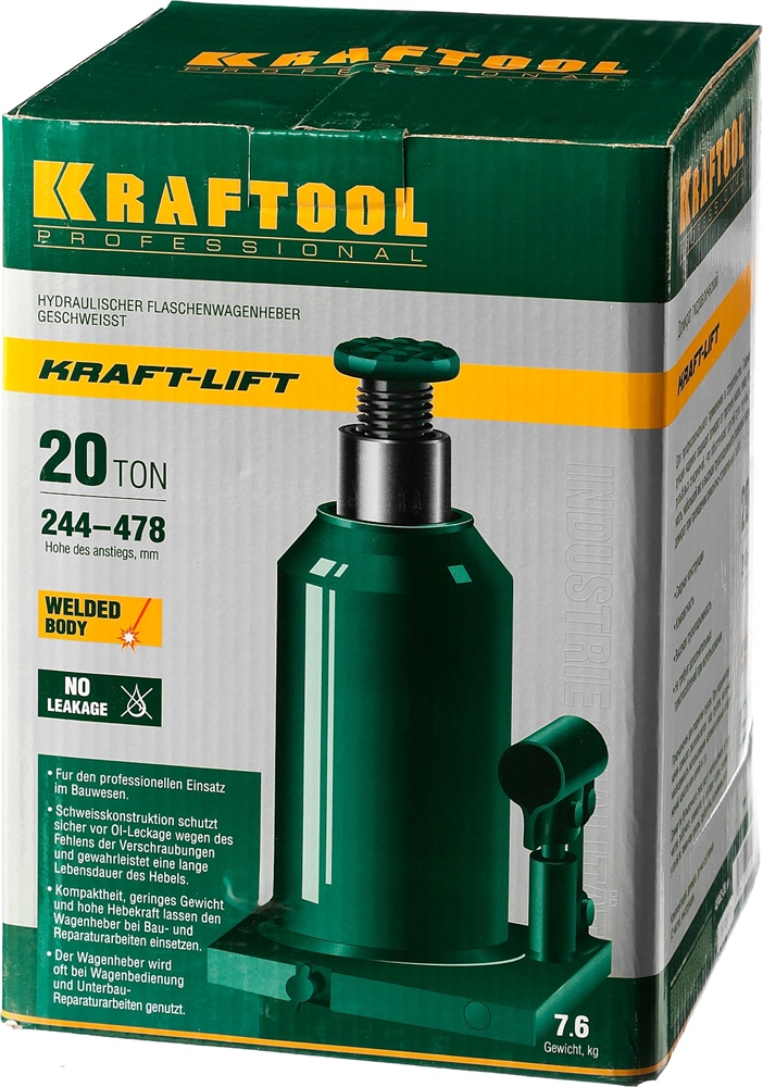 KRAFTOOL  KRAFT-LIFT, 20 т, 244 - 478 мм, бутылочный гидравлический домкрат (43462-20) 43462-20_z01