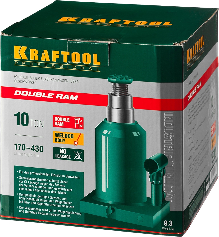 KRAFTOOL  DOUBLE RAM, 10 т, 170 - 430 мм, с увеличенным подъемом, двухштоковый бутылочный домкрат  (43463-10) 43463-10