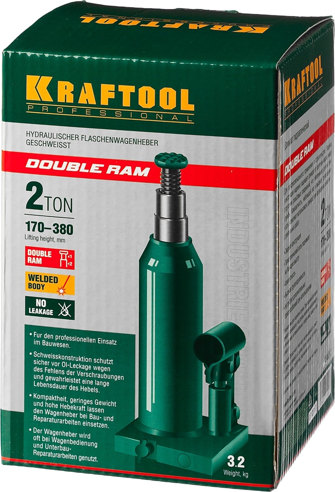 KRAFTOOL  DOUBLE RAM, 2 т, 170 - 380 мм, с увеличенным подъемом, двухштоковый бутылочный домкрат  (43463-2) 43463-2