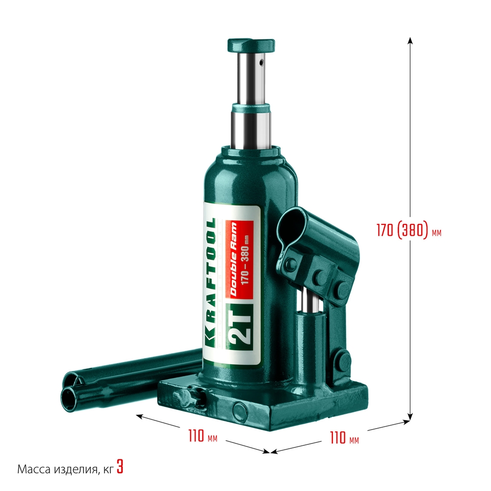 KRAFTOOL  DOUBLE RAM, 2 т, 170 - 380 мм, с увеличенным подъемом, двухштоковый бутылочный домкрат  (43463-2) 43463-2