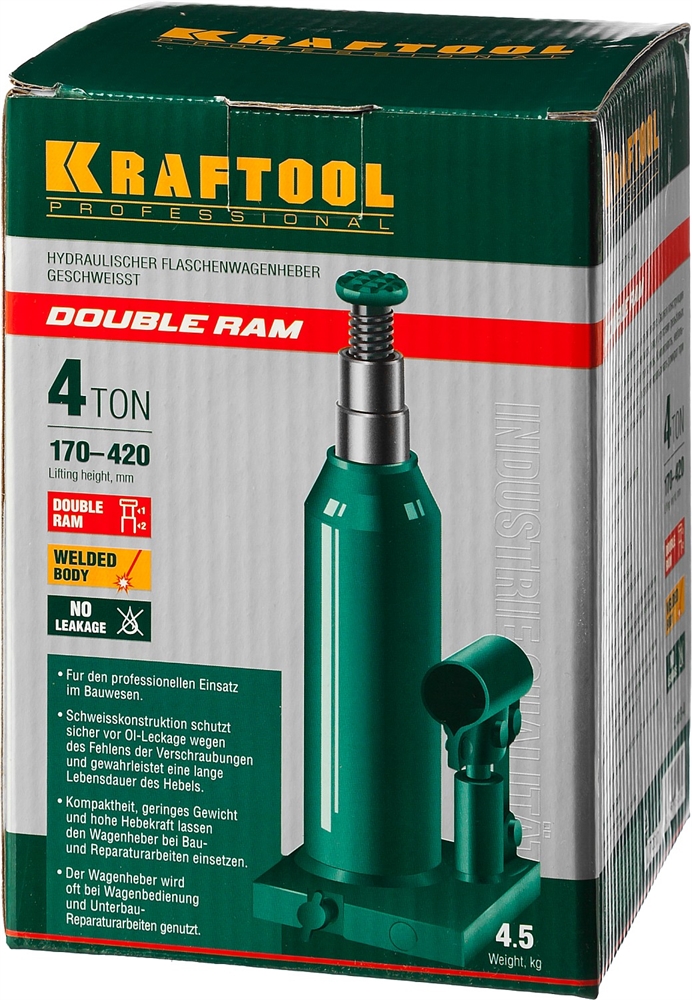 KRAFTOOL  DOUBLE RAM, 4 т, 170 - 420 мм, с увеличенным подъемом, двухштоковый бутылочный домкрат  (43463-4) 43463-4
