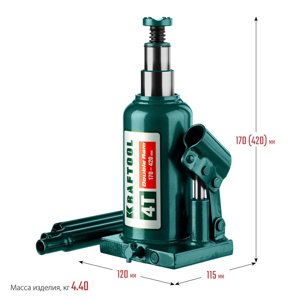 KRAFTOOL  DOUBLE RAM, 4 т, 170 - 420 мм, с увеличенным подъемом, двухштоковый бутылочный домкрат  (43463-4) 43463-4