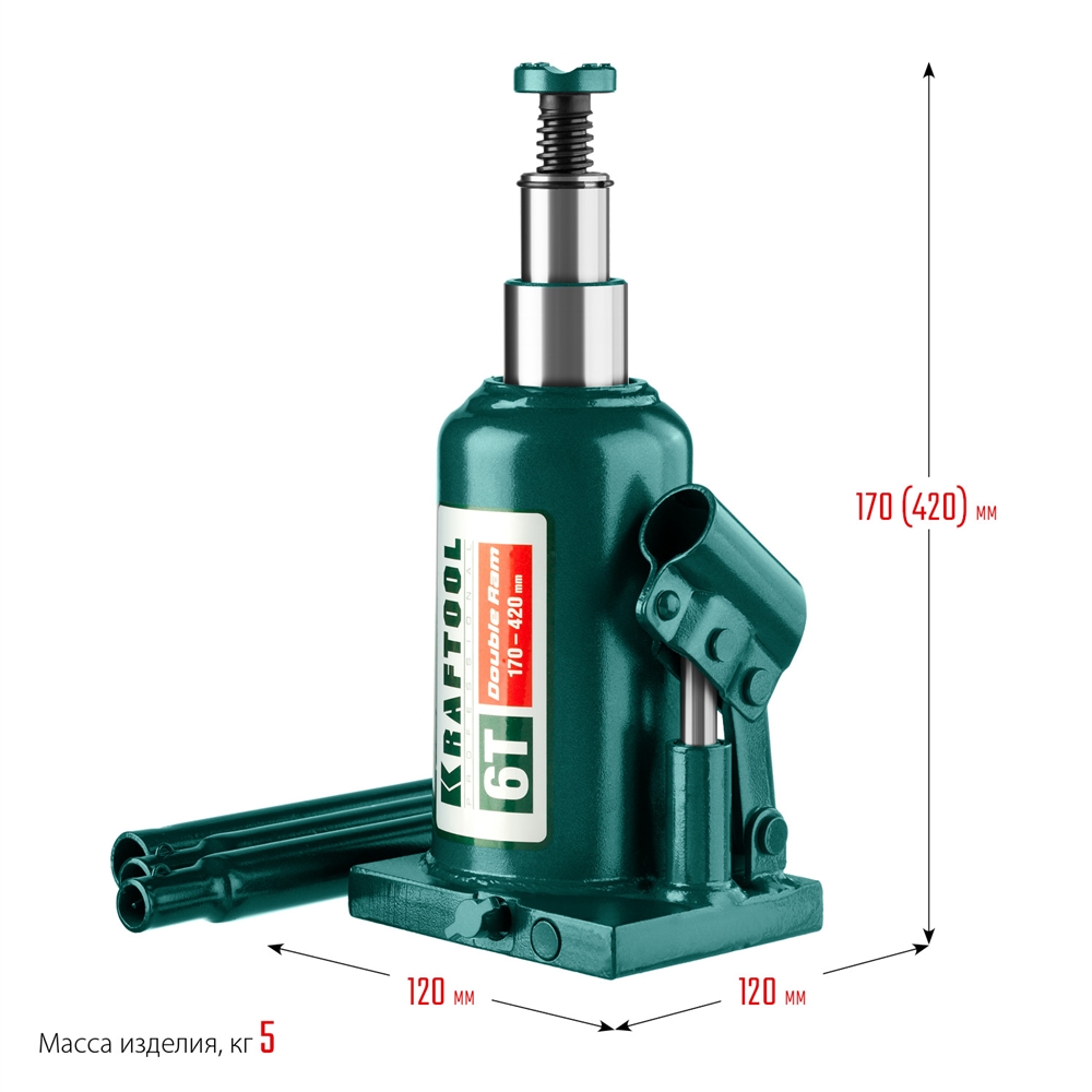 KRAFTOOL  DOUBLE RAM, 6 т, 170 - 420 мм, с увеличенным подъемом, двухштоковый бутылочный домкрат  (43463-6) 43463-6