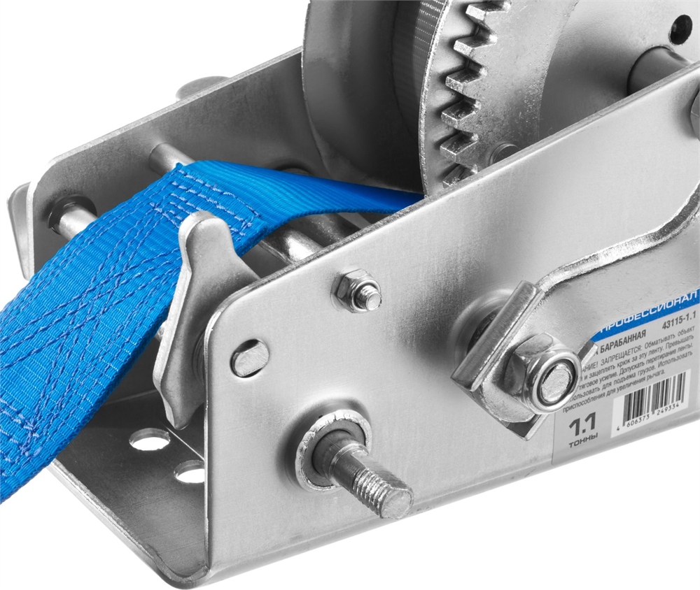 ЗУБР  1.1 т, 10 м, ручная барабанная тяговая ленточная лебедка, Профессионал (43115-1.1) 43115-1.1