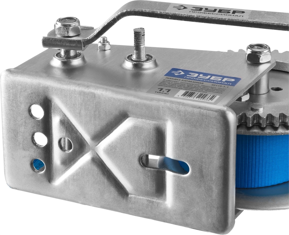 ЗУБР  1.1 т, 10 м, ручная барабанная тяговая ленточная лебедка, Профессионал (43115-1.1) 43115-1.1