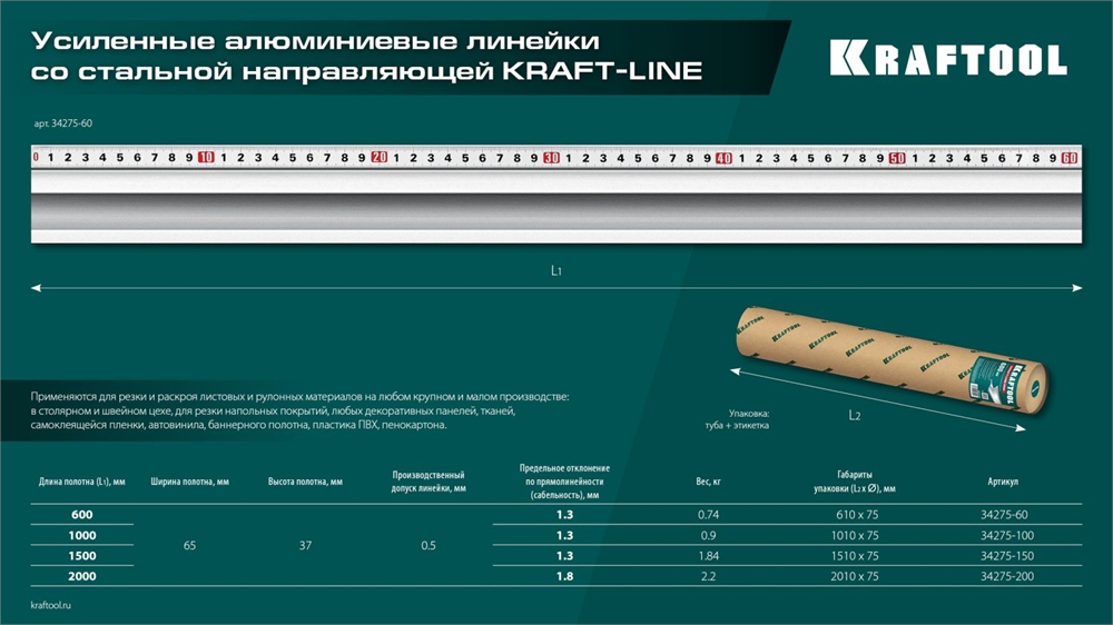 KRAFTOOL  KRAFT-LINE, 2.0 м, усиленная алюминиевая линейка со стальной направляющей (34275-200) 34275-200