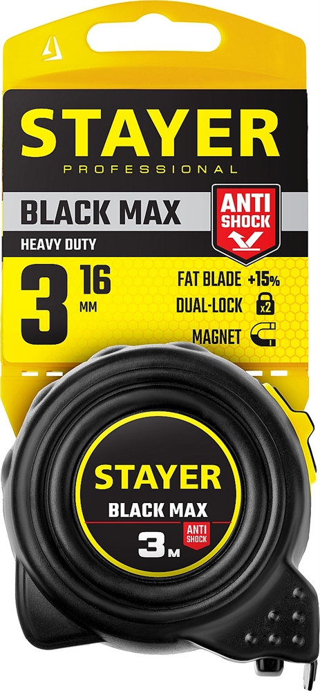 STAYER  BlackMax, 3 м х 16 мм, рулетка с двумя фиксаторами, Professional (3410-03) 3410-03_z02