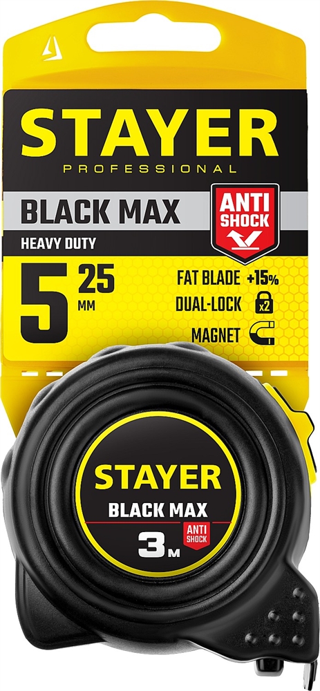 STAYER  BlackMax, 5 м х 25 мм, рулетка с двумя фиксаторами, Professional (3410-05-25) 3410-05-25_z02