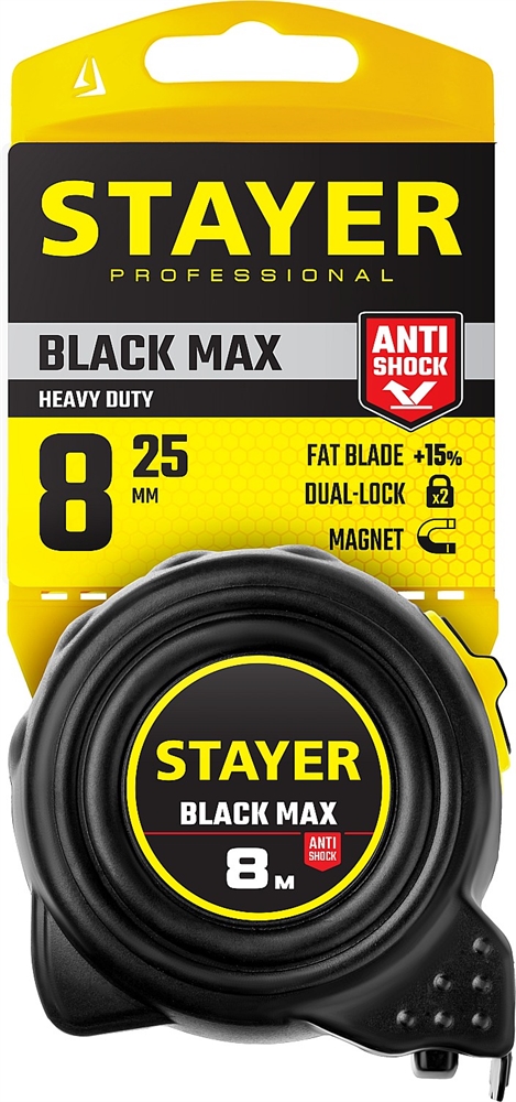 STAYER  BlackMax, 8 м х 25 мм, рулетка с двумя фиксаторами, Professional (3410-08) 3410-08_z02