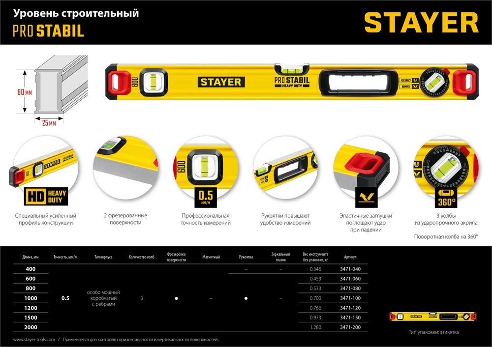STAYER  PRO STABIL, 1500 мм, усиленный профиль, уровень с поворотным глазком, Professional (3471-150) 3471-150_z02