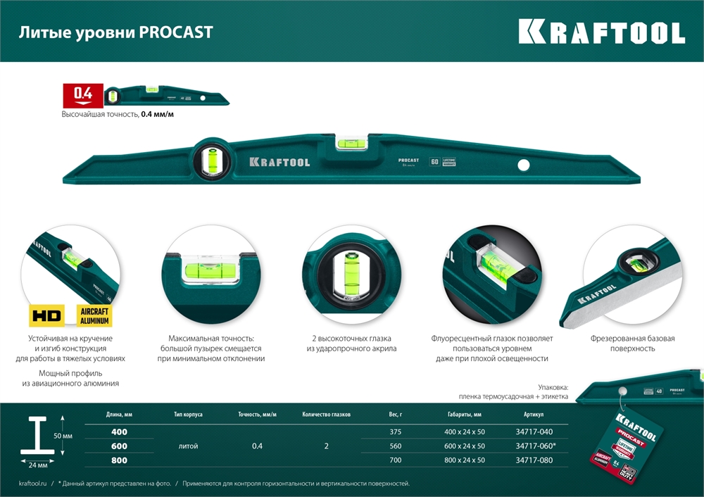 KRAFTOOL  PROCAST, 800 мм, литой уровень (34717-080) 34717-080