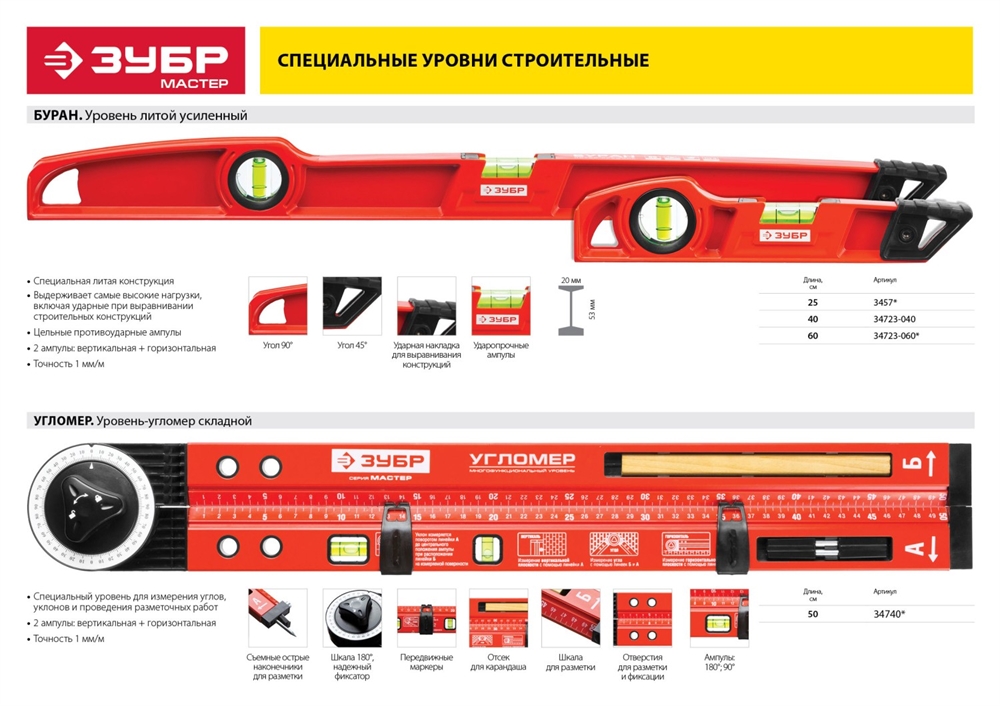 ЗУБР  УГЛОМЕР, 500 мм, складной уровень-угломер (34740) 34740