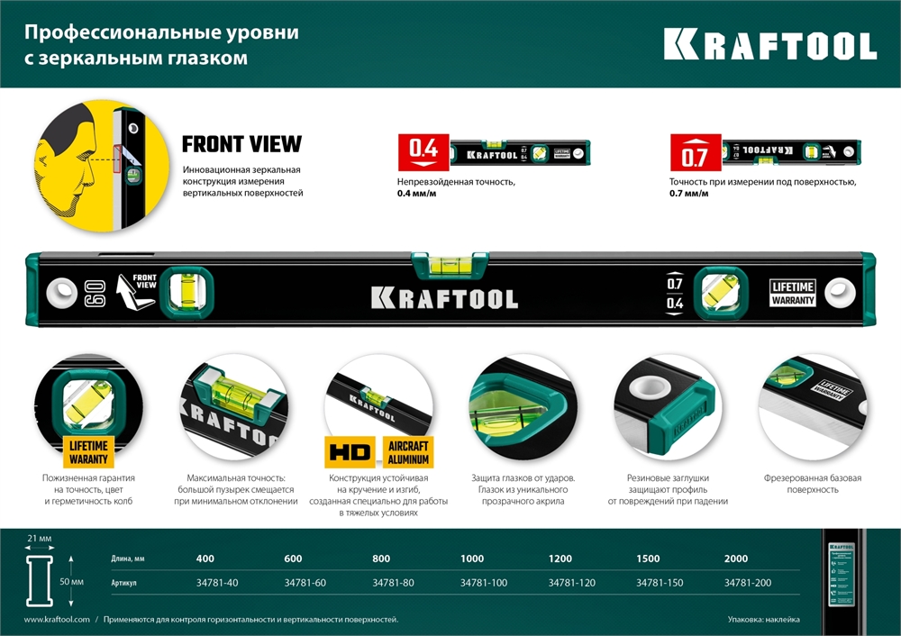 KRAFTOOL  1500 мм, с зеркальным глазком, уровень (34781-150) 34781-150