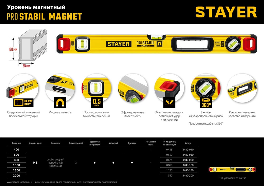 STAYER  PRO STABIL, 800 400 мм, усиленный профиль, магнитный уровень с поворотным глазком, Professional (3480-080) 3480-080
