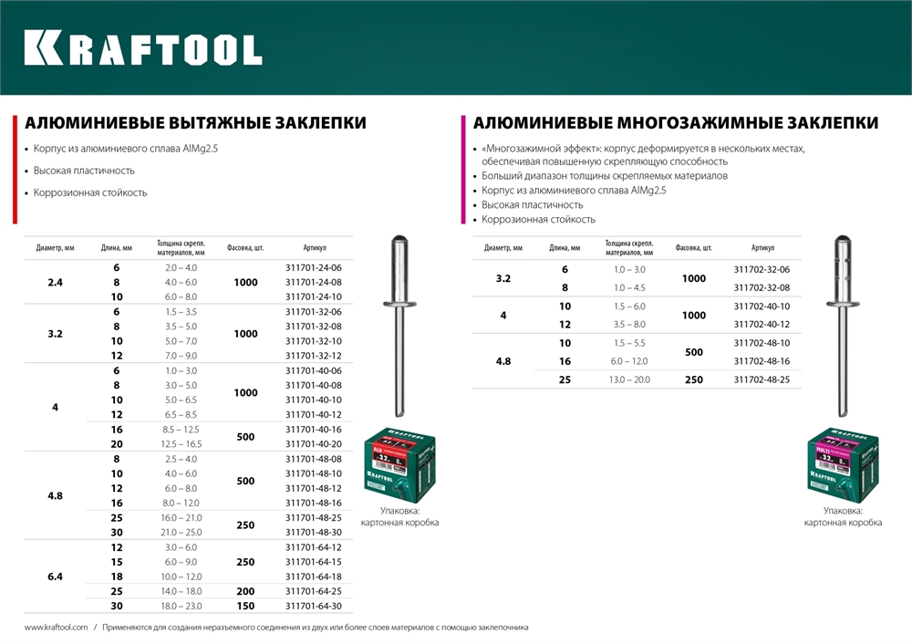 KRAFTOOL  Multi (Al5052), 4.8 x 10 мм, 500 шт, многозажимные алюминиевые заклепки (311702-48-10) 311702-48-10