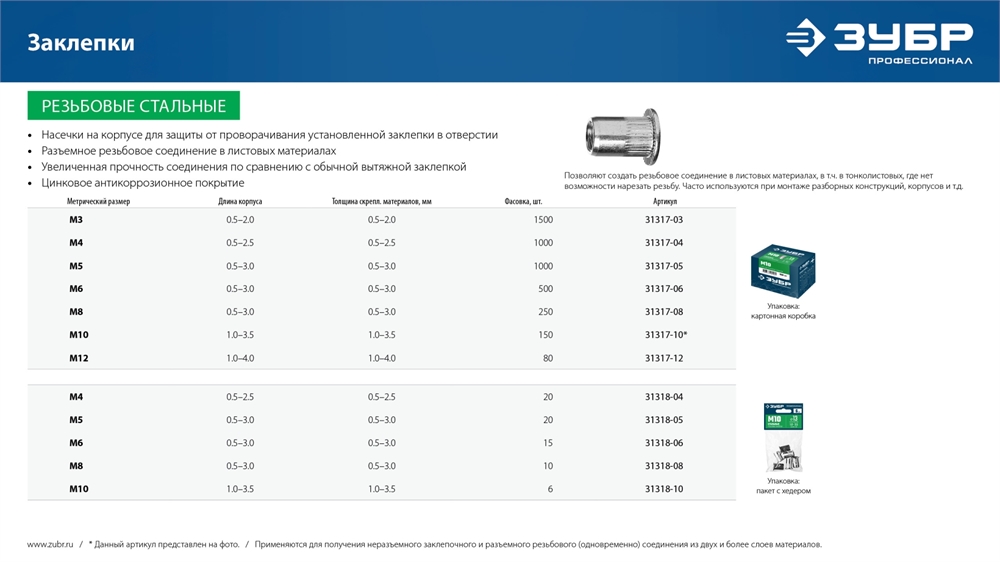 ЗУБР  М3, станд. бортик, 1500 шт, стальные резьбовые заклепки с насечками, Профессионал (31317-03) 31317-03_z01