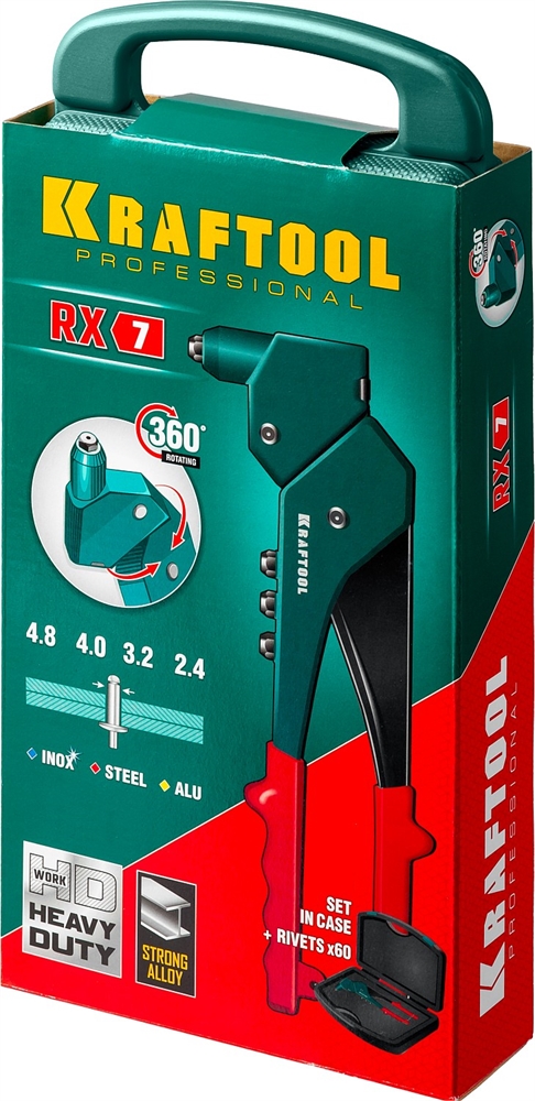 KRAFTOOL  RX-7, 360°, 2.4 - 4.8 мм, литой поворотный заклепочник в кейсе (31176-H6) 31176-H6_z01