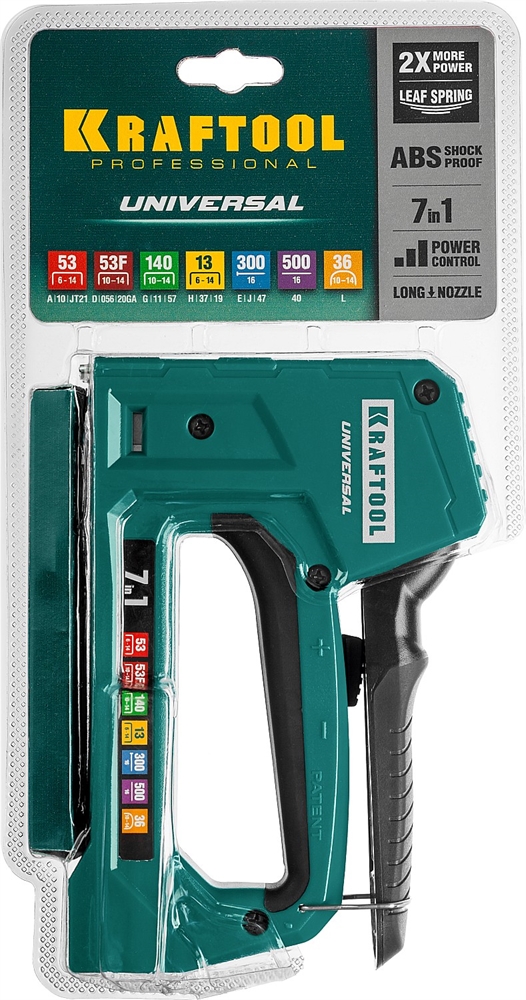 KRAFTOOL  Universal, 7-в-1: 53 (A/10/JT21) 23GA (6 - 14 мм)/140 (G/11/57) 20GA (8 - 14 мм)/13/53F/36/500, универсальный легкий степлер (31524) 31524