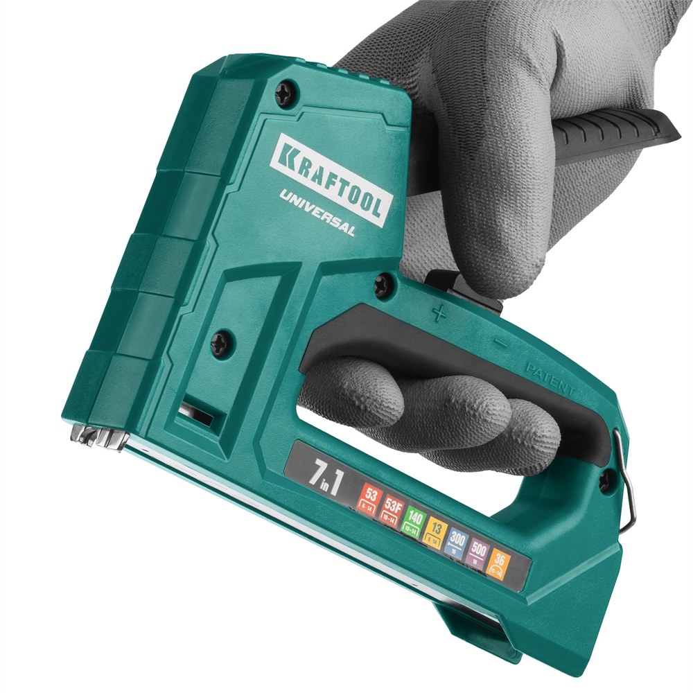 KRAFTOOL  Universal, 7-в-1: 53 (A/10/JT21) 23GA (6 - 14 мм)/140 (G/11/57) 20GA (8 - 14 мм)/13/53F/36/500, универсальный легкий степлер (31524) 31524