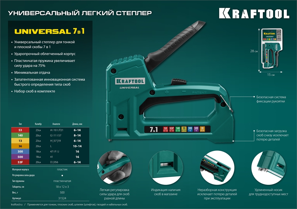 KRAFTOOL  Universal, 7-в-1: 53 (A/10/JT21) 23GA (6 - 14 мм)/140 (G/11/57) 20GA (8 - 14 мм)/13/53F/36/500, универсальный легкий степлер (31524) 31524