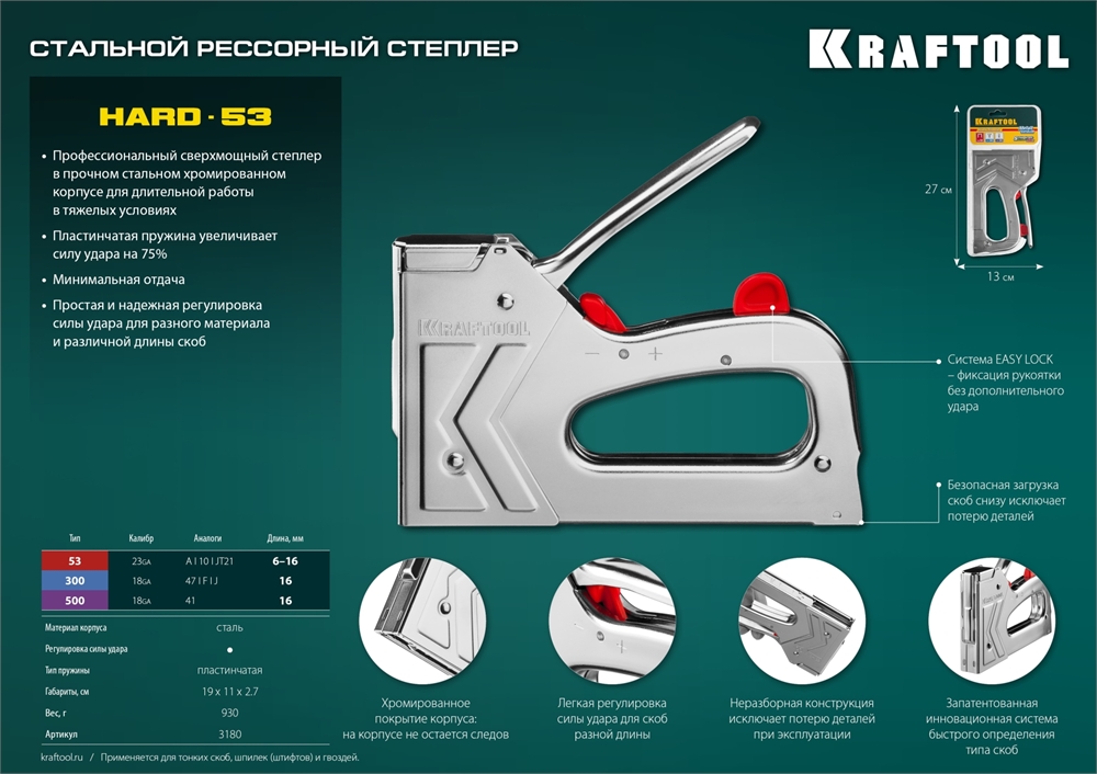 KRAFTOOL  HARD-53, тип 53 (A/10/JT21) 23GA (6 - 16 мм)/300/500, стальной рессорный степлер (3180) 3180