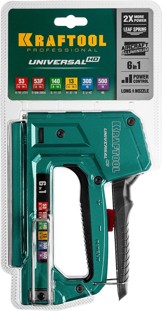 KRAFTOOL  Universal-HD, 6-в-1: 53 (A/10/JT21) 23GA (6 - 14 мм)/140 (G/11/57) 20GA (8 - 14 мм)/13/53F/300/500, универсальный алюминиевый степлер (3188) 3188
