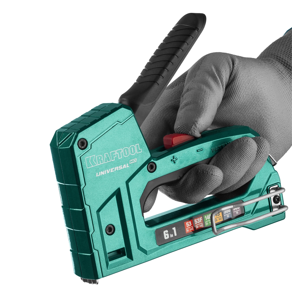 KRAFTOOL  Universal-HD, 6-в-1: 53 (A/10/JT21) 23GA (6 - 14 мм)/140 (G/11/57) 20GA (8 - 14 мм)/13/53F/300/500, универсальный алюминиевый степлер (3188) 3188