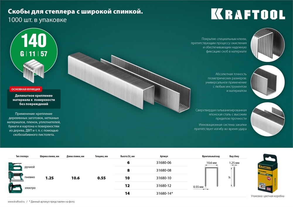 KRAFTOOL  тип 140 (G/11/57) 14 мм, 1000 шт, калибр 20GA, скобы для степлера (31680-14) 31680-14