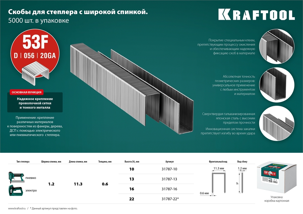 KRAFTOOL  тип 20GA (53F/D/056) 16 мм, 5000 шт, скобы для степлера (31787-16) 31787-16