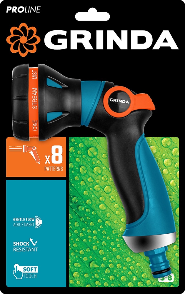 GRINDA  S-8, 8 режимов, двухкомпонентный с регулятором напора, поливочный пистолет, PROLine (429100) 429100