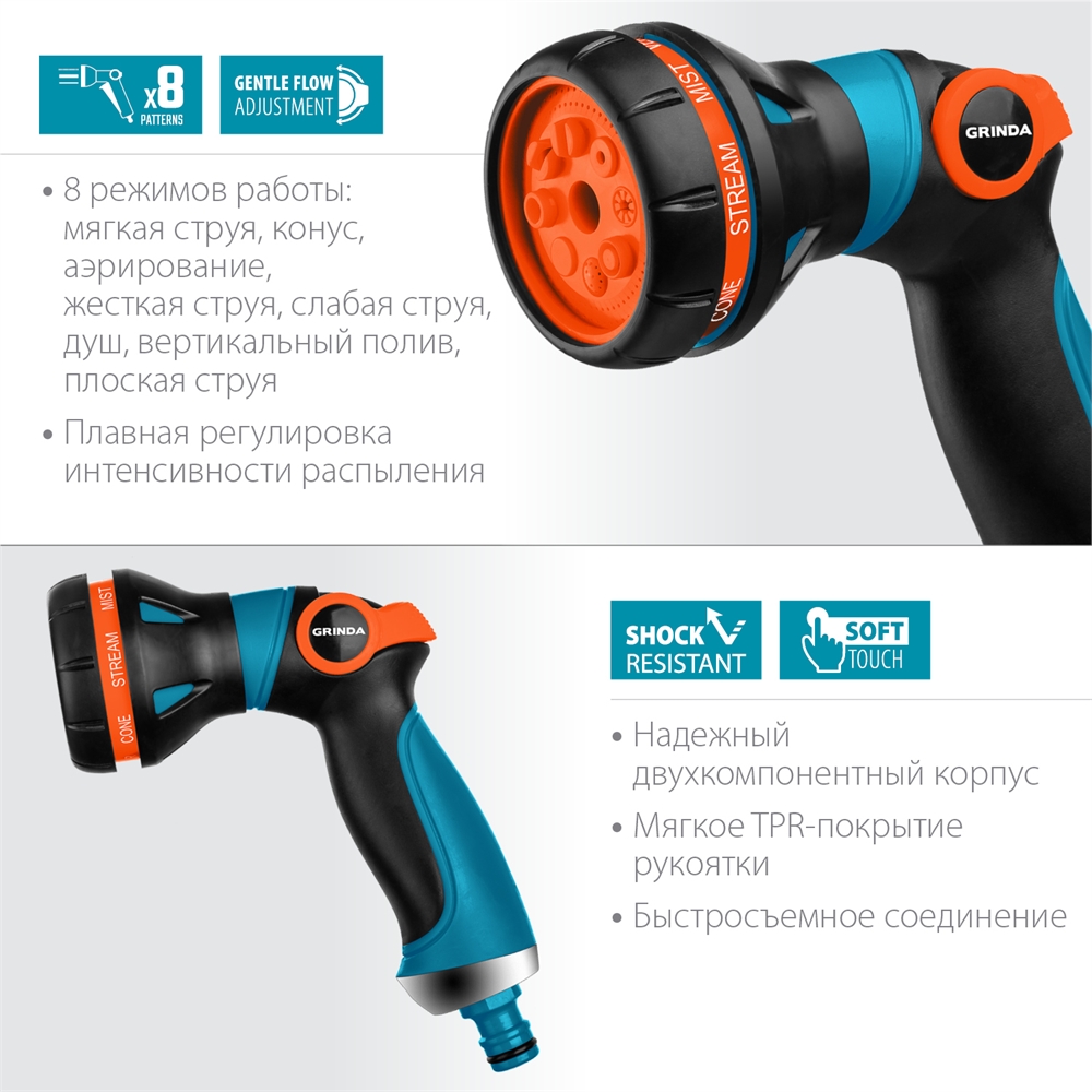 GRINDA  S-8, 8 режимов, двухкомпонентный с регулятором напора, поливочный пистолет, PROLine (429100) 429100