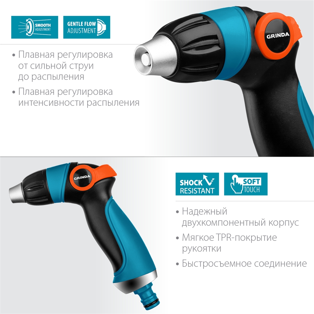 GRINDA  S-R, плавная регулировка напора, двухкомпонентный, поливочный пистолет, PROLine (429101) 429101