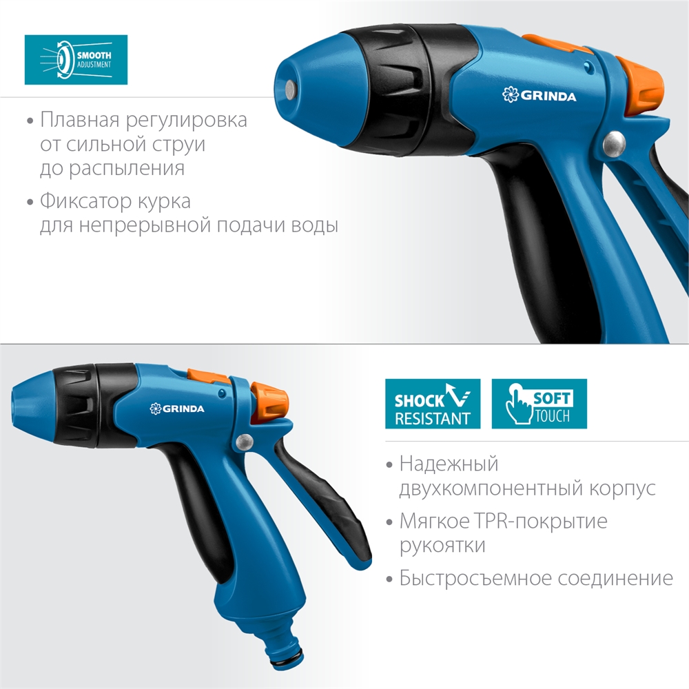 GRINDA  B-R, плавная регулировка напора, курок сзади, двухкомпонентный, поливочный пистолет, PROLine (429111) 429111