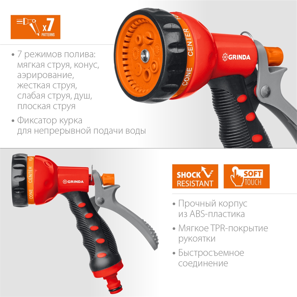 GRINDA  T-7, 7 режимов, курок сзади, пластиковый с TPR, поливочный пистолет (8-427185) 8-427185