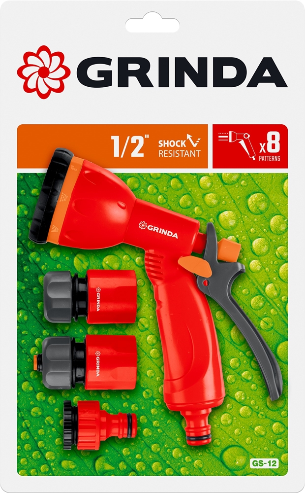 GRINDA  GS-12, пистолет с 8 режимами, комплект соединительной арматуры 1/2″, ударопрочный пластик, поливочный набор (8-427383) 8-427383_z02