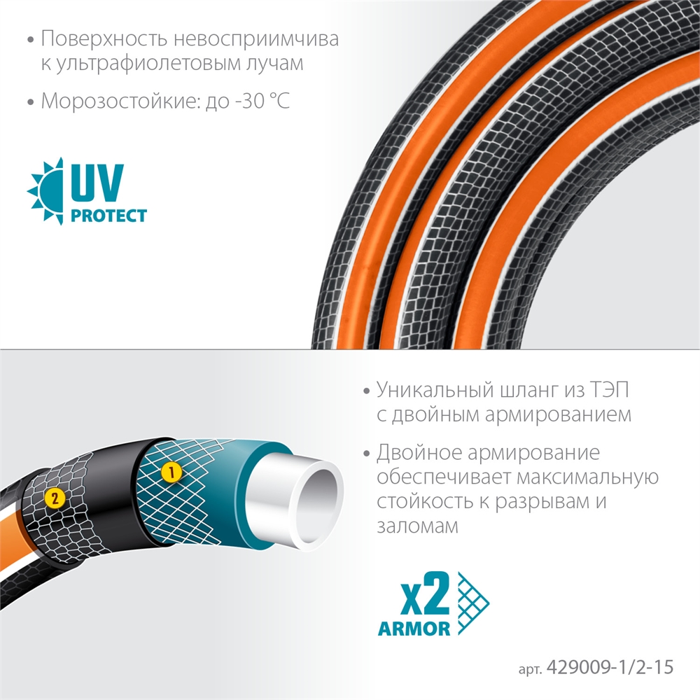 GRINDA  ULTRA 6, 1/2″, 15 м, 30 атм, шестислойный, двойное армирование, поливочный шланг, PROLine (429009-1/2-15) 429009-1/2-15