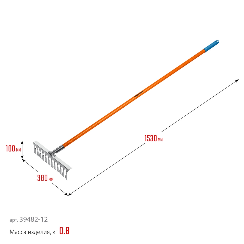 GRINDA  PS-12 FIBER, 380 х 100 х 1530 мм, 12 витых зубцов, нержавеющая сталь, фибергласовый черенок, садовые грабли, PROLine (39482-12) 39482-12
