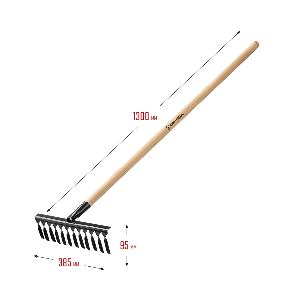 GRINDA  GS-12 WOOD, 385 х 95 х 1300 мм, 12 витых зубцов, углеродистая сталь, антикор. покрытие, черенок дерев. высш. сорт, садовые грабли(39581-12) 39581-12