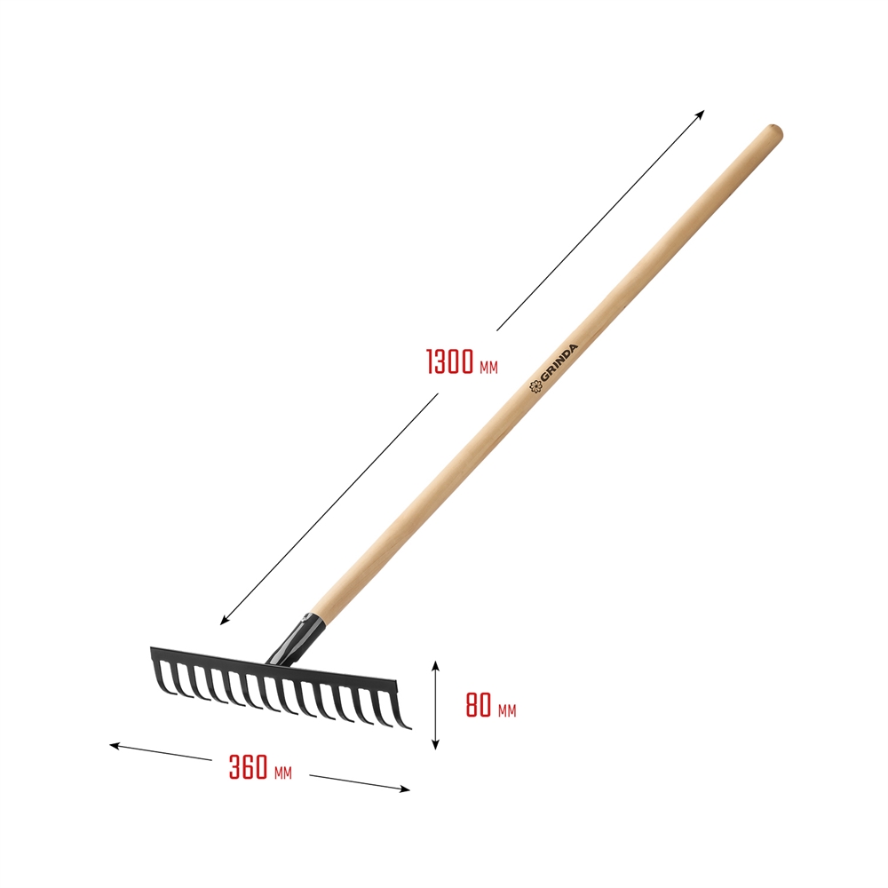 GRINDA  GT-14 WOOD, 360 х 80 х 1300 мм, 12 прямых зубцов, углерод. сталь, антикор. покрытие, черенок дерев. высш. сорт, садовые грабли (39583-14) 39583-14